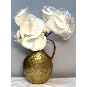 Large Gold Textured Metal Vase With Handle & Fabric White Roses Decor